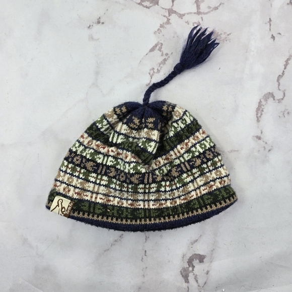 Turtlefur Beanie Hat Wool Knit Cap Blue Green Winter Fleece Lined Fair Isle Pom - Picture 1 of 8